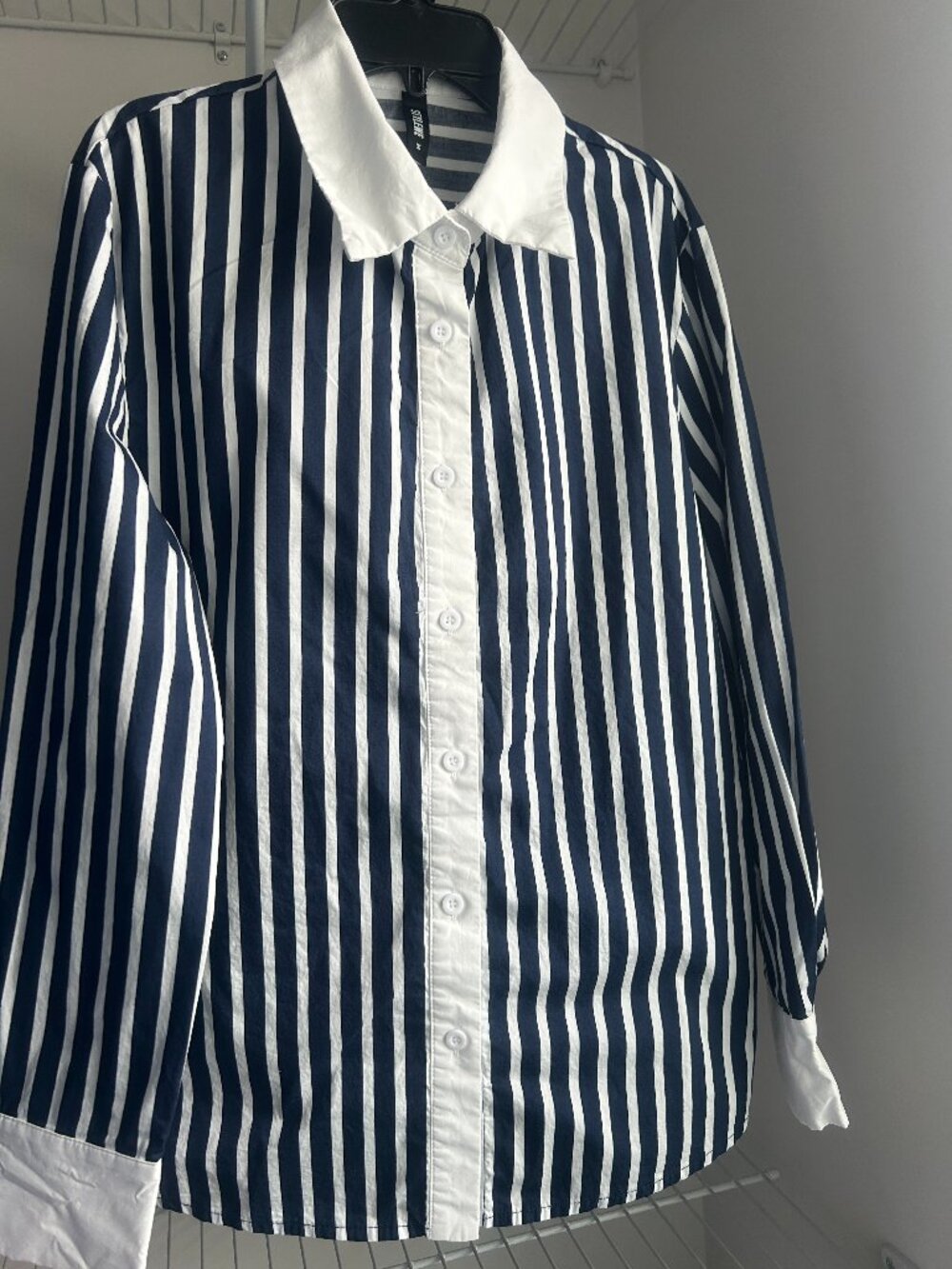 Style We Navy Blue & White Striped Button-Down Shirt — Size M